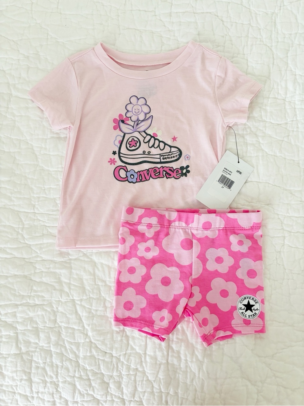 2T 🌼 Converse Pink Floral Tee and Bright Pink Flower Shorts Set
